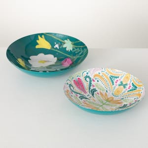 14.25" and 12.25" Blue Floral Colorful Decorative Bowls (Set of 2)