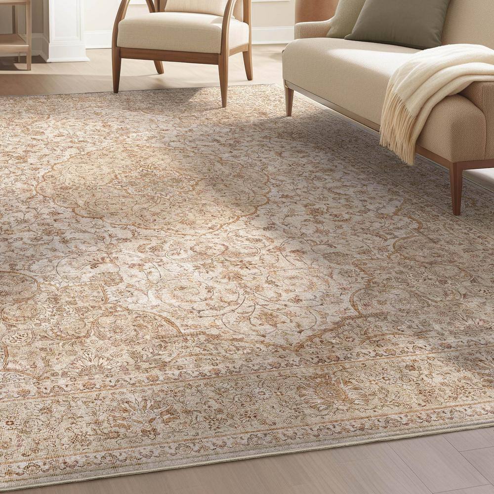 Beige and Brown Chenille Oriental Flat-Weave Rug