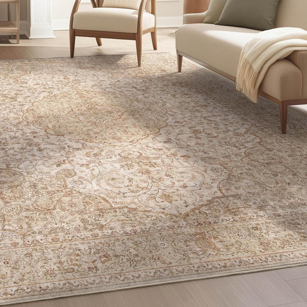 Beige and Brown Chenille Oriental Flat-Weave Area Rug, 5' x 7'
