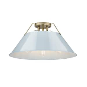 Orwell 18.75 in. 3-Light Aged Brass and Dusky Blue Flush Mount