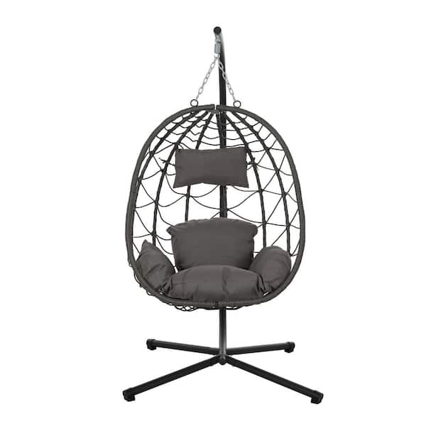 38 x 36 x 77 in. Outdoor Steel Patio Hanging Gray Water Resistant Cushion Swing Egg Chair