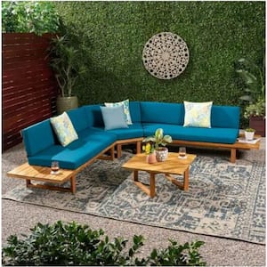 5 Seat Dark Gray Acacia Wood Outdoor Sectional Sofa Set with Teal Cushions
