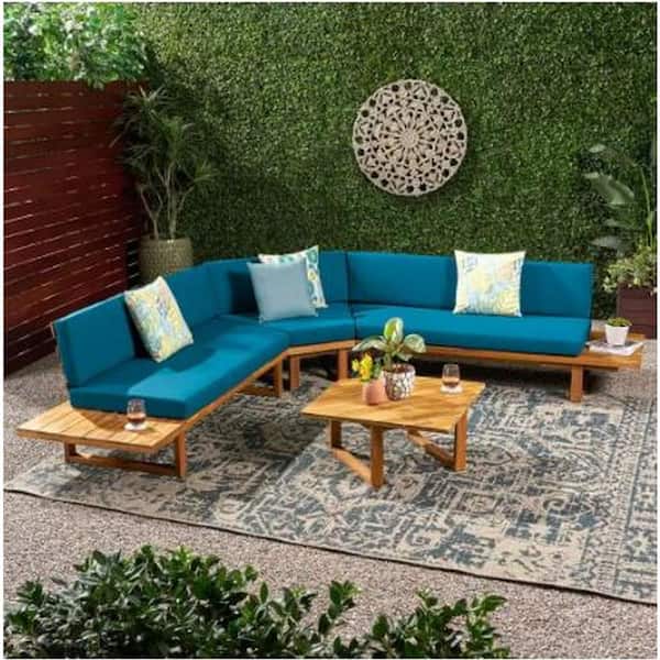 Unbranded 5 Seat Dark Gray Acacia Wood Outdoor Sectional Sofa Set with Teal Cushions