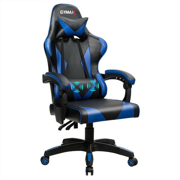 Gymax Blue Faux Leather Gaming Chair Reclining Swivel Racing Office Chair with Massage Lumbar Support