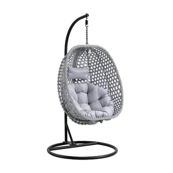 Polibi 37 in. W Gray Wicker Patio Swing with Gray Cushion For Patio Balcony, Backyard, Bedroom