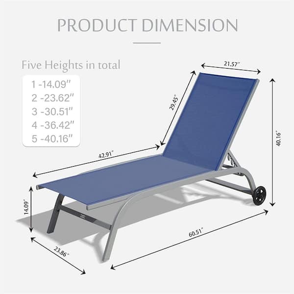 Aluminum 2-Piece Adjustable Outdoor Chaise Lounge in Blue Seat with 2 Wheels for Poolside Sunbathing Lounger