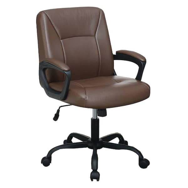 Benjara Brown Metal Leatherette Office Chair with Curved Arms and Leatherette Upholstery
