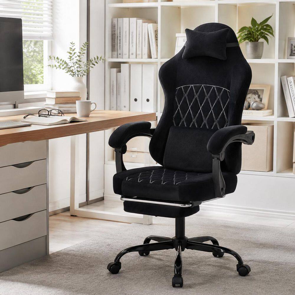 Fabric Massage Footrest Reclining High Back Swivel Ergonomic Gaming Chair Chair in Black with Adjustable Arms
