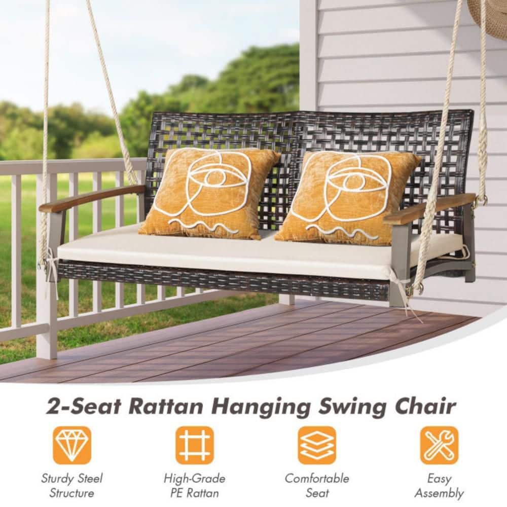 Off-White 2-Person Rattan Patio Swing with Cushion