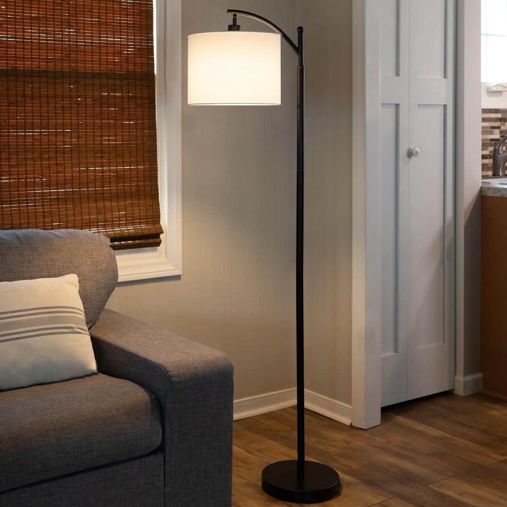 63-Inch Tall Black Metal Floor Lamp with Linen Shade and LED Bulb