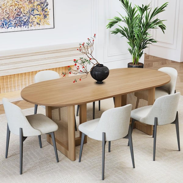 Lirago 7-Pieces Natural Oval Wood Top Rattan Base Dining Table Set
