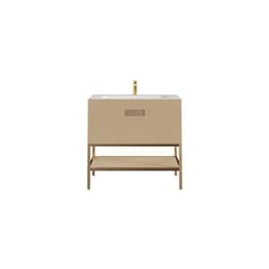 Iris 35 in. W. x 22 in. D x 33.5 in. H Oak Freestanding Bathroom Vanity with White Solid Surface Integrated Sink Top