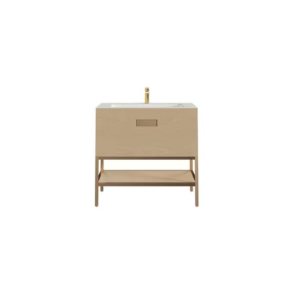 Iris 35 in. Single Sink Natural Oak Bath Vanity with White Solid Surface Top (Assembled)