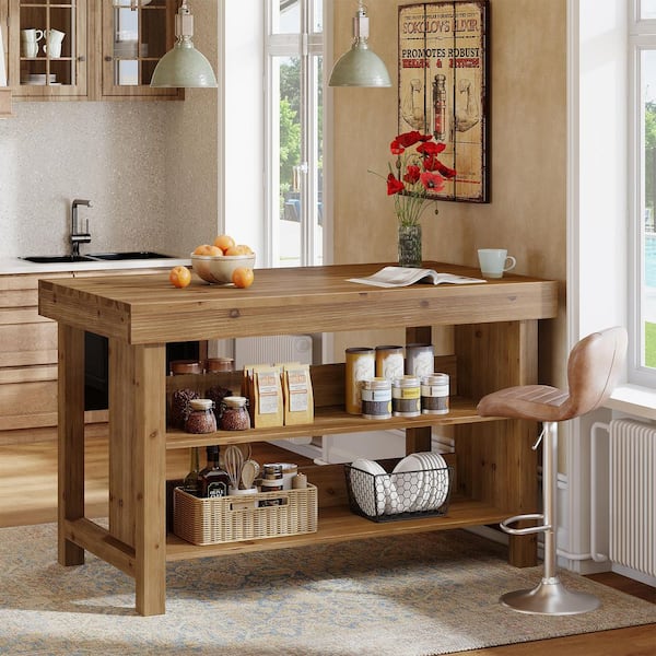 BYBLIGHT Keenyah Brown 55.12 in. W Farmhouse Kitchen Island w/ 2