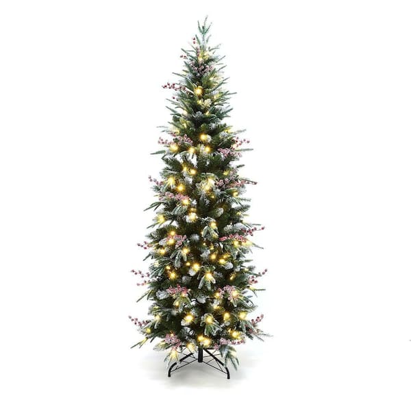 6.5 ft. PreLit Pencil Artificial Christmas Tree with Frosted Tips and Red Berries