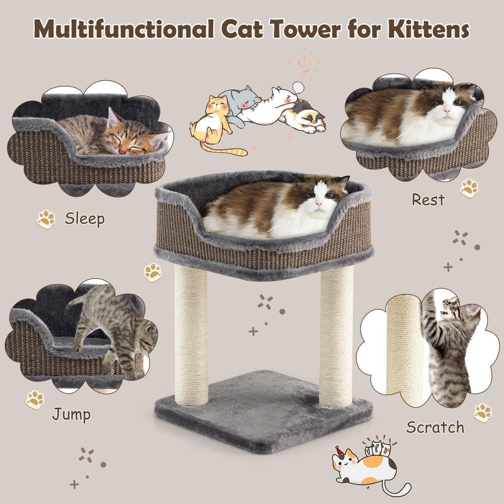 Gray Plush and Sisal Freestanding Cat Tree with Perch