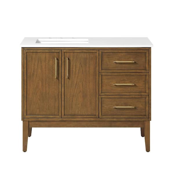 Kira 42 in. Single Sink Freestanding Warm Walnut Bath Vanity with White Engineered Stone Top