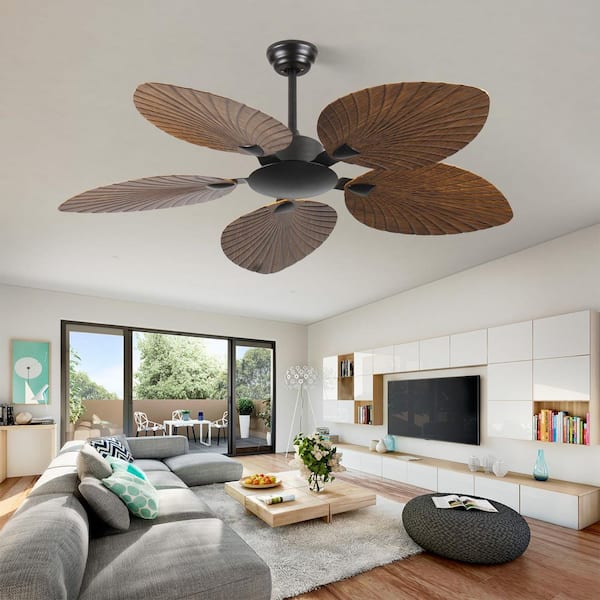 52 in. Brown Retro 5-Palm Leaf Shaped Blades Tropical Downrod Mount Standard Ceiling Fan with Remote Control No Light