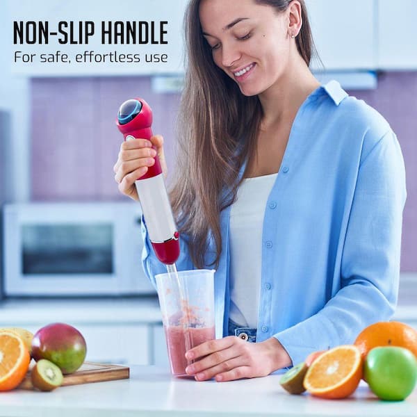 OVENTE Immersion Blender Red Stainless Steel Blades Rechargeable