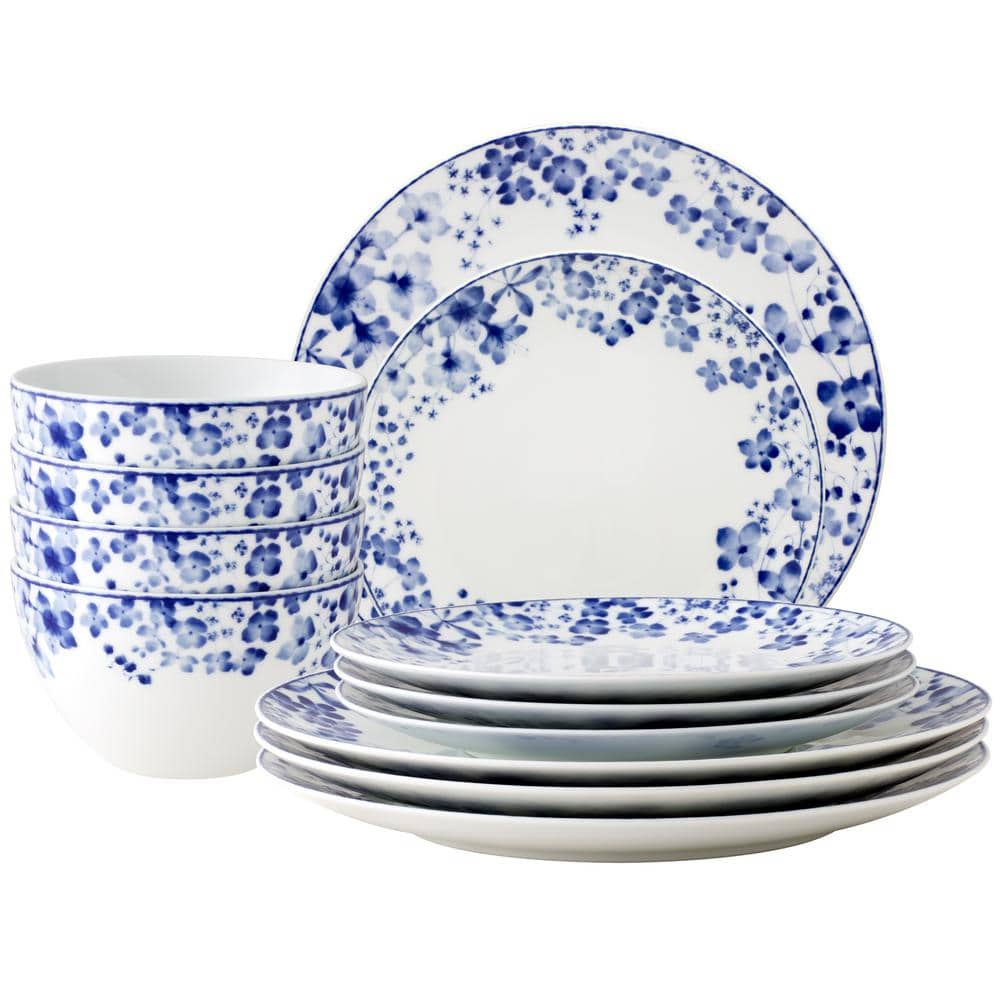 Blue and White Porcelain Floral 12-Piece Dinnerware Set