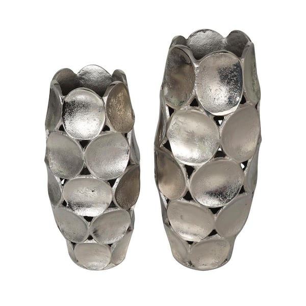 Litton Lane Silver Geometric Open Framed Aluminum Decorative Vase with Circular Plates (Set of 2)
