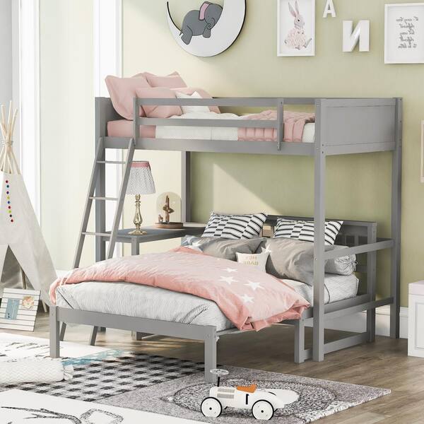 Gray Twin Size Wood Loft Bed, Bunk Bed Double Desk