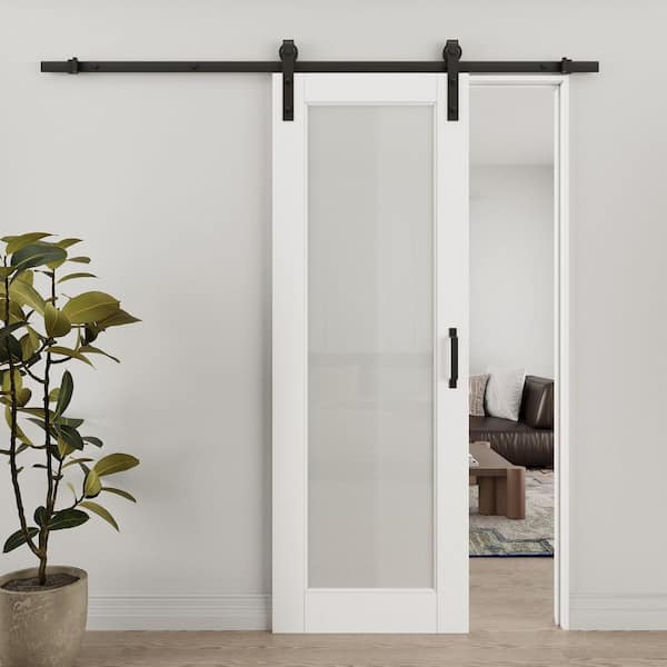 ARK DESIGN 28 in. x80 in. 1-Lite Tempered Frosted Glass White Primed MDF Composite Sliding Barn Door with Hardware Kit