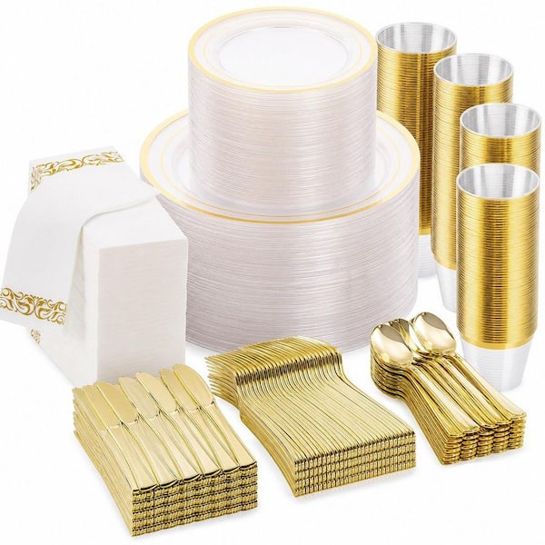 700-Piece Gold Plastic Dinnerware Set Service for 100, Disposable Plates for Party, Wedding, Christmas
