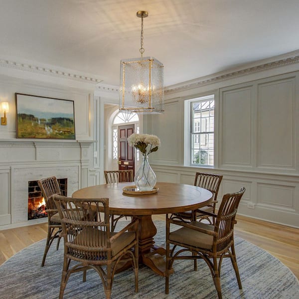 Ellison 4-Light Brass Lantern Modern Chandelier with Water Grained Glass