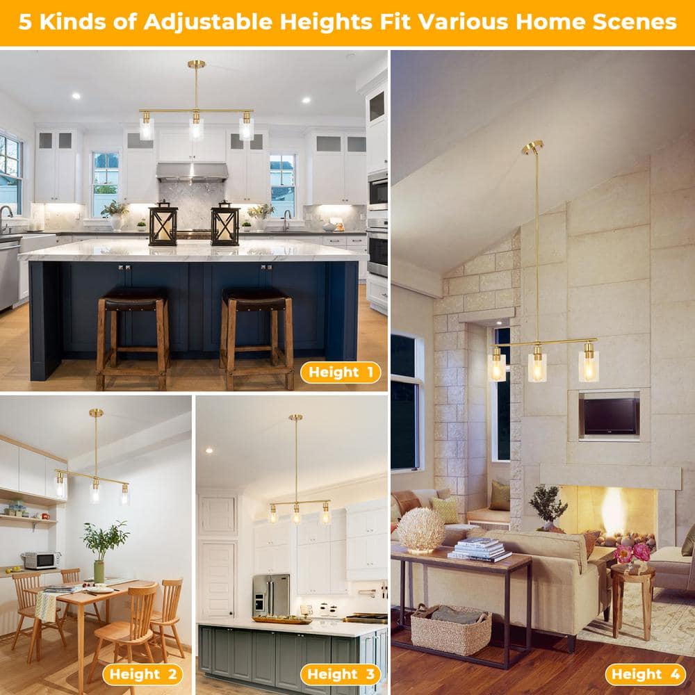 Gold Linear 3-Light Pendant with Clear Glass Shades
