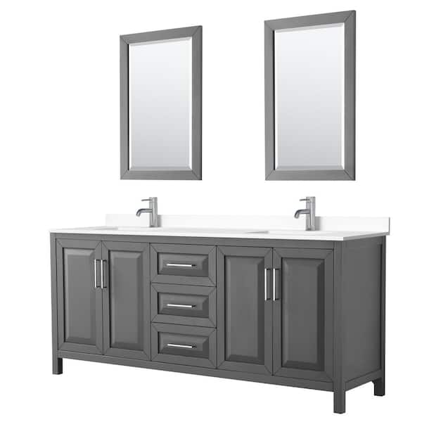 Wyndham Collection Daria 80in.Wx22 in.D Double Vanity in Dark Gray with Cultured Marble Vanity Top in White with Basins and Mirrors