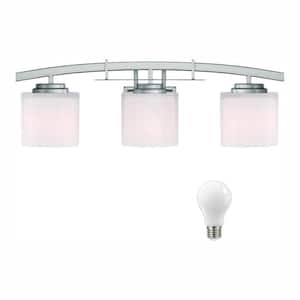 Architecture 3-Light Brushed Nickel Vanity Light with Etched White Glass Shades, Dimmable LED Soft White Bulbs Included