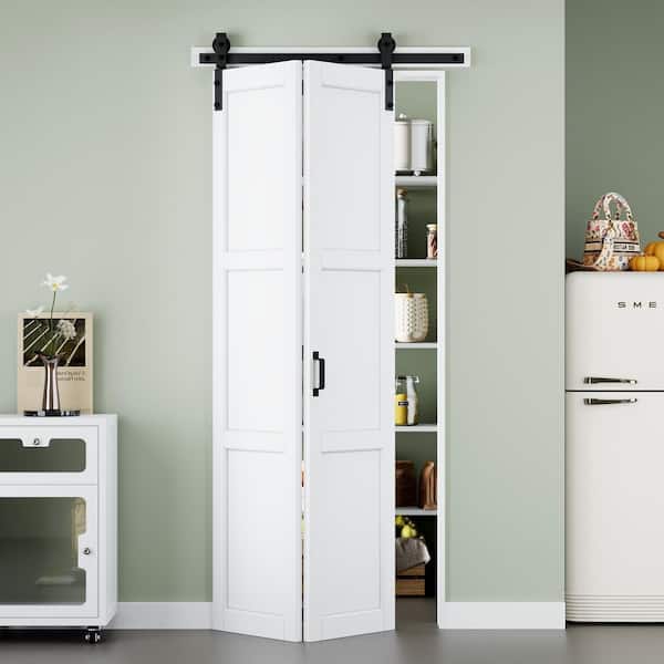 ARK DESIGN 36 in. x 84 in. Easy Install 3-Panel White Primed Solid Core MDF Composite Bi-Fold Sliding Barn Door with Hardware Kit