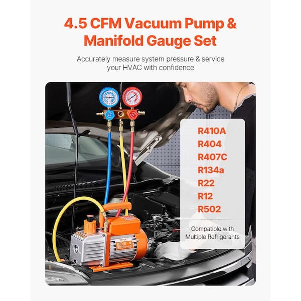 HVAC Air Vacuum Pump 1/4 HP 4.5 CFM AC Vacuum Pump Gauge Set 1-Stage Rotary Vane with Hose Carry Bag for R134a R410a