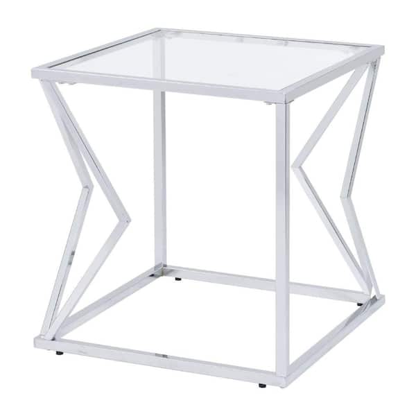 Benjara 22 in. Silver Square Glass End Table with Bottom Shelf and Geomteric Accent