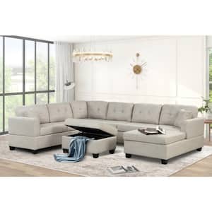 121 in. Square Arm 4-Piece Linen U-Shaped Sectional Sofa in Beige with Removable Covers