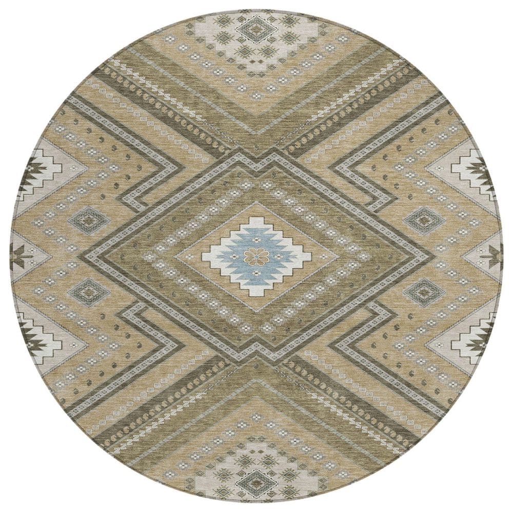 Beige Tribal Pattern 8' Round Synthetic Rug