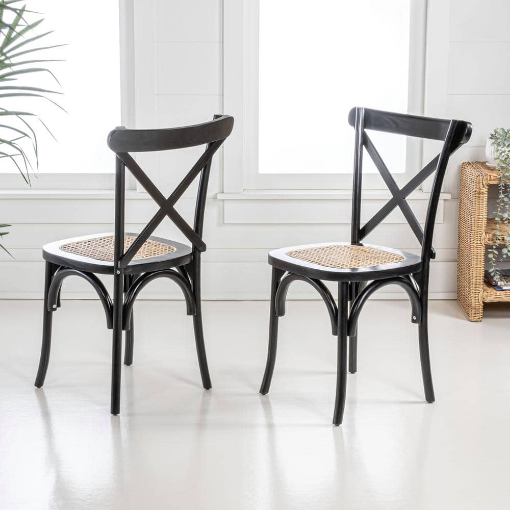Black High Cross Back Rattan Cane Side Chair Set