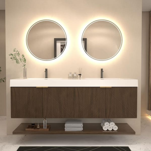 Stella 71 in. W x 20 in. D x 22 in. H Double Sink Chestnut Brown Bath Vanity with White Acrylic Top Floating Lower Shelf