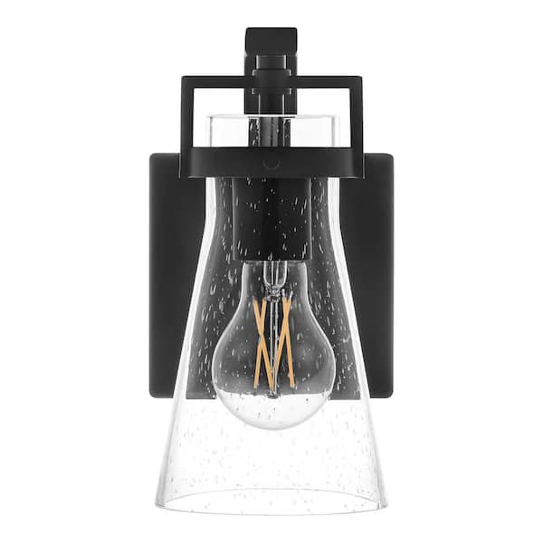 Clermont 5 in. 1-Light Matte Black Bathroom Vanity Light Sconce with Seeded Glass Shade