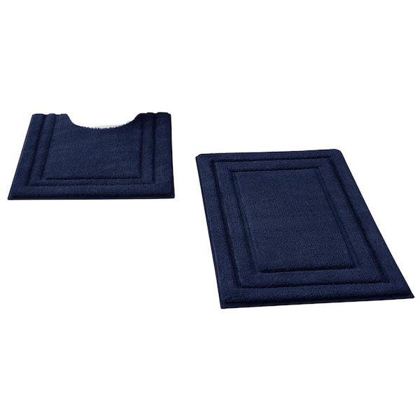 Afoxsos Bathroom Rugs Sets 2 Piece, Super Soft and Absorbent Non Slip Microfiber Machine Washable U-Shaped Toilet Mat, Navy Blue