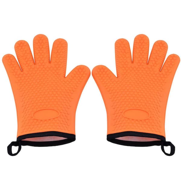 Orange Non-Slip Silicone Heat Resident BBQ Grill Gloves with Fingers and Hangable Design