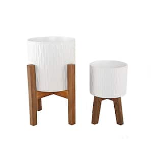 10 in. and 8 in. Matte White Ridge Ceramic Planter on Wood Stand Mid-Century Planter (Set of 2 )