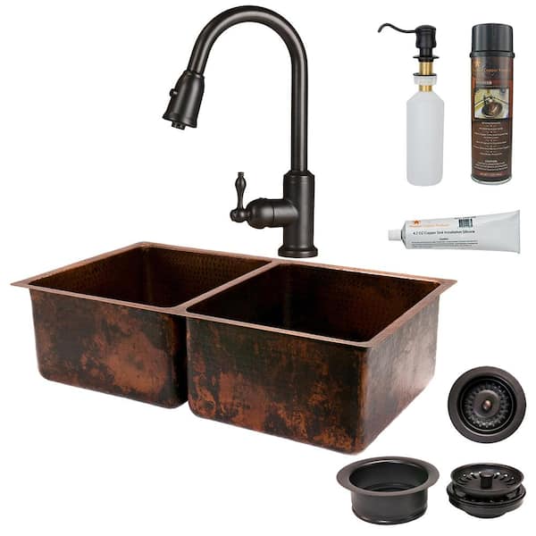 Premier Copper Products All-in-One Undermount Hammered Copper 33 in. 0-Hole Double Bowl Kitchen Sink in Oil Rubbed Bronze