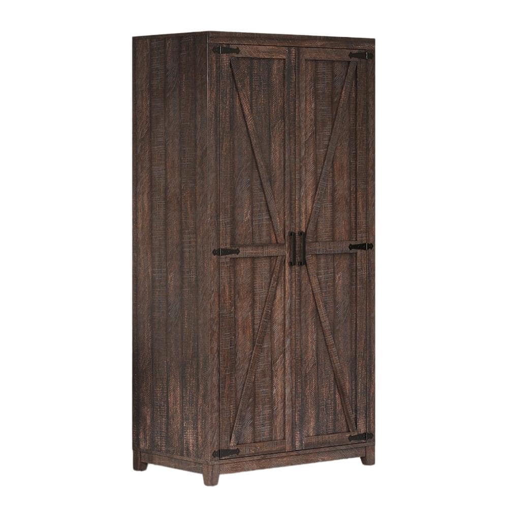 70 in. H Brown Large Armoire Wardrobe Closet with Hanging Rod, Farmhouse Clothing Storage Cabinet with 2 Barn Doors