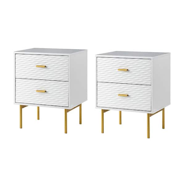 JAYDEN CREATION Vincenzo Modern White 19.7 in. W x 15.7 in. D x 25.2 in. H Tall 2-Drawer Nightstand with Metal Legs Set of 2