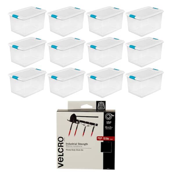 Sterilite 64 qt. Plastic Ultra Latch Storage Box in Clear, 12-Pack, & Velcro 10 ft. Adhesive Fastener