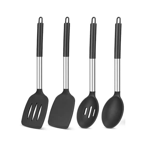 4-Pack Silicone Cooking Utensils Set, Non Stick Large Solid Spatulas, Heat Resistant Black Slotted Spoons