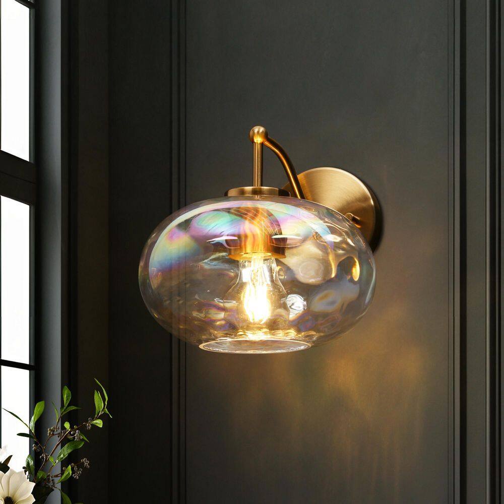 Chrysa 8 in. 1-Light Plated Brass Armed Wall Sconce with Iridescent Glass Globe Modern Vanity Light for Bathroom Bedroom price history on PriceWatchPro