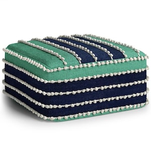 Garbo Square Woven Pouf in Aqua, Navy and White Recycled PET Polyester